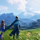 A screenshot from the trailer of a man and a woman overlooking a grassy plain and hills.